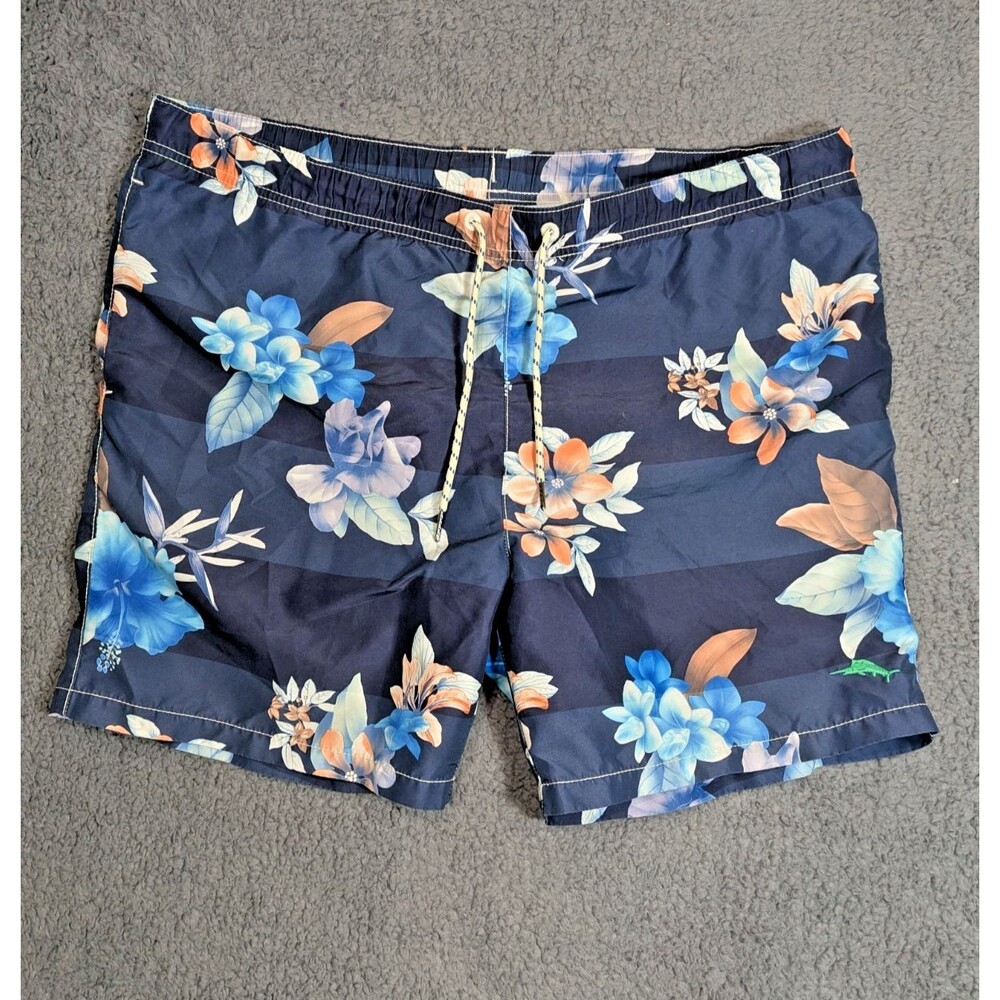 Tommy Bahama Swim Trunks Mens L Blue Floral Mesh Lined Beach Resort Aloha